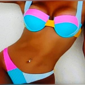 SUPER Sexy Push Up Color Block Be Seen Swim Bathing Suit Bikini Set medium